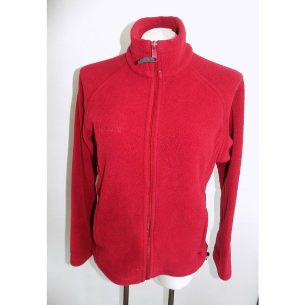 Columbia Womens Red Full Zip Fleece Jacket Medium Mock Neck Raglan‎ Sleeve